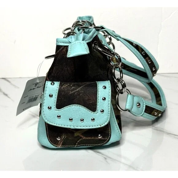 Heritage West Blue Green Camouflage Rhinestone Cross Western Double Strap Purse - Picture 8 of 13